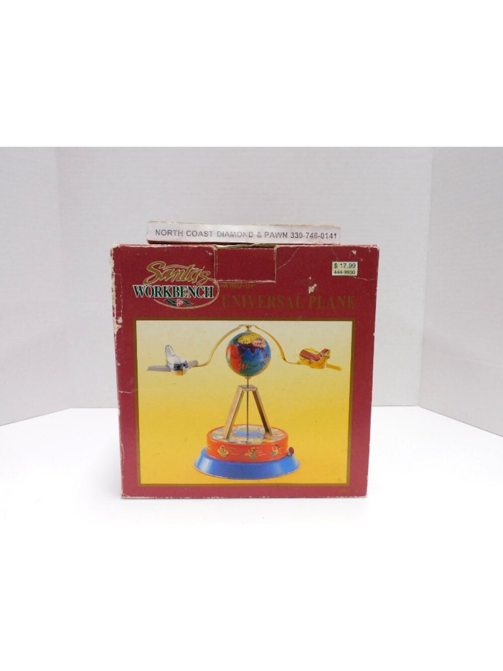 Universal Plane Wind-up Tin Toy Flight Around The World Santas Workbench w/ Box